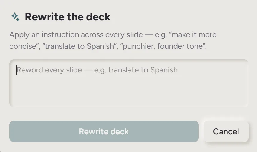 The rewrite-deck dialog applying one instruction across every slide