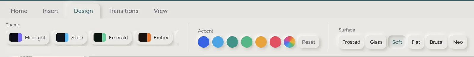 The Design ribbon: theme, accent colour and surface style controls